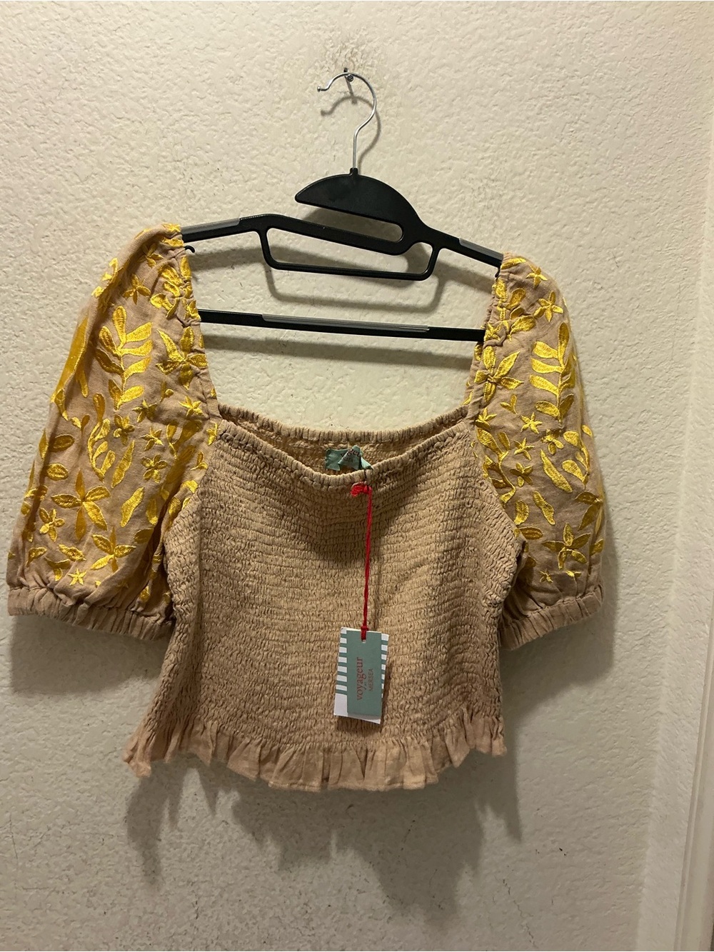 NWT voyageur by Mersea Smocked Crop Top Yellow Embroidered Puff Sleeves - Picture 2 of 5